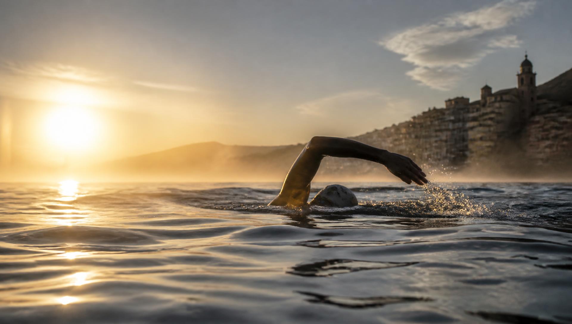 Open water swimmer at dawn