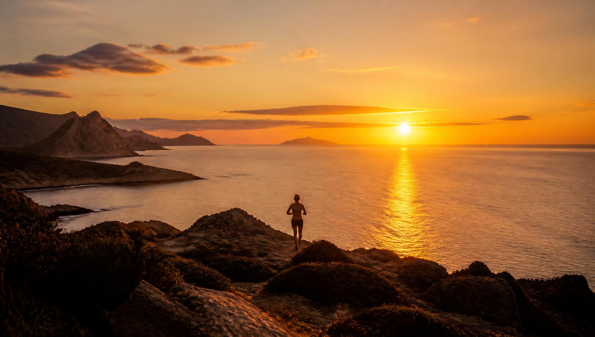 Runner silhouetted against a Mediterranean sunset